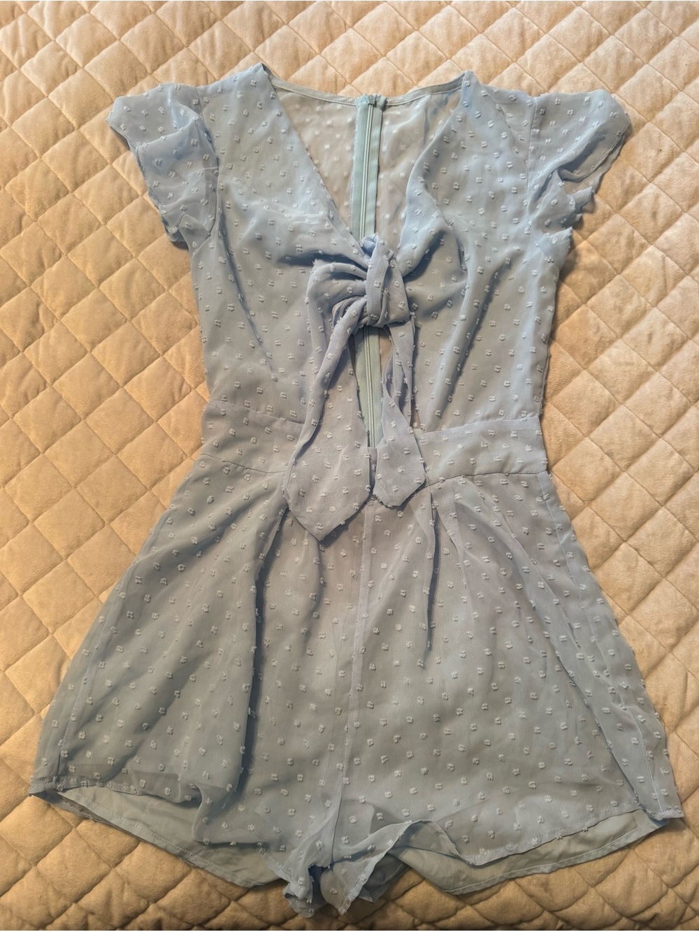 SHEIN Light Blue Swiss Dot Tie-Front Romper